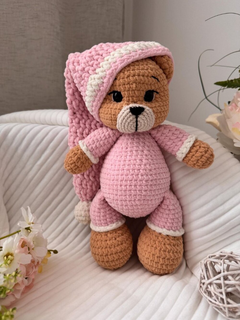 Handmade Crochet Teddy Bear, Sleepy Pajama Plush Toy, Amigurumi Brown Bear - Picture 7 of 7